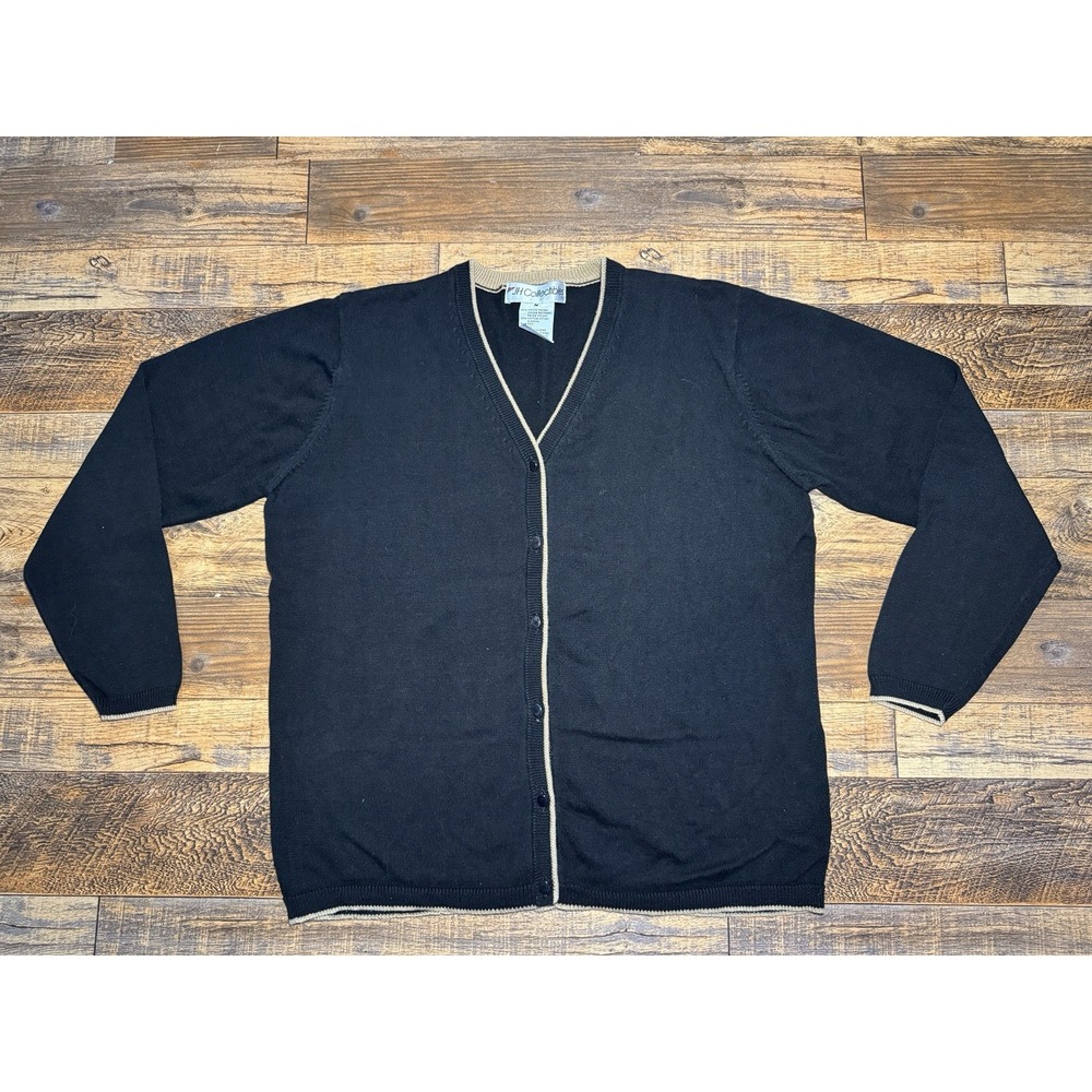 JH Collectibles Sz M Black‎ Tan Trim Cardigan Sweater